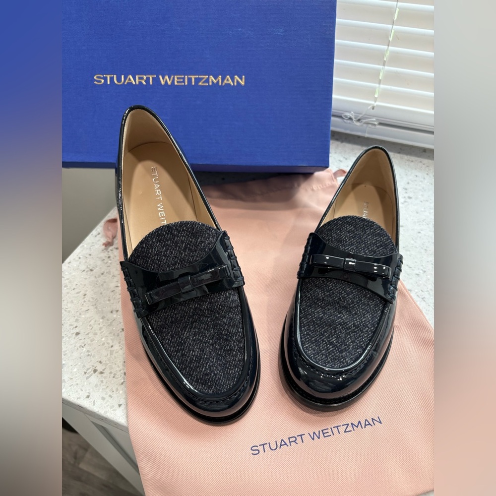 NIB Stuart Weitzman Lottie Bow Loafer- Tweed & Patent Loafers in Nice Blue color